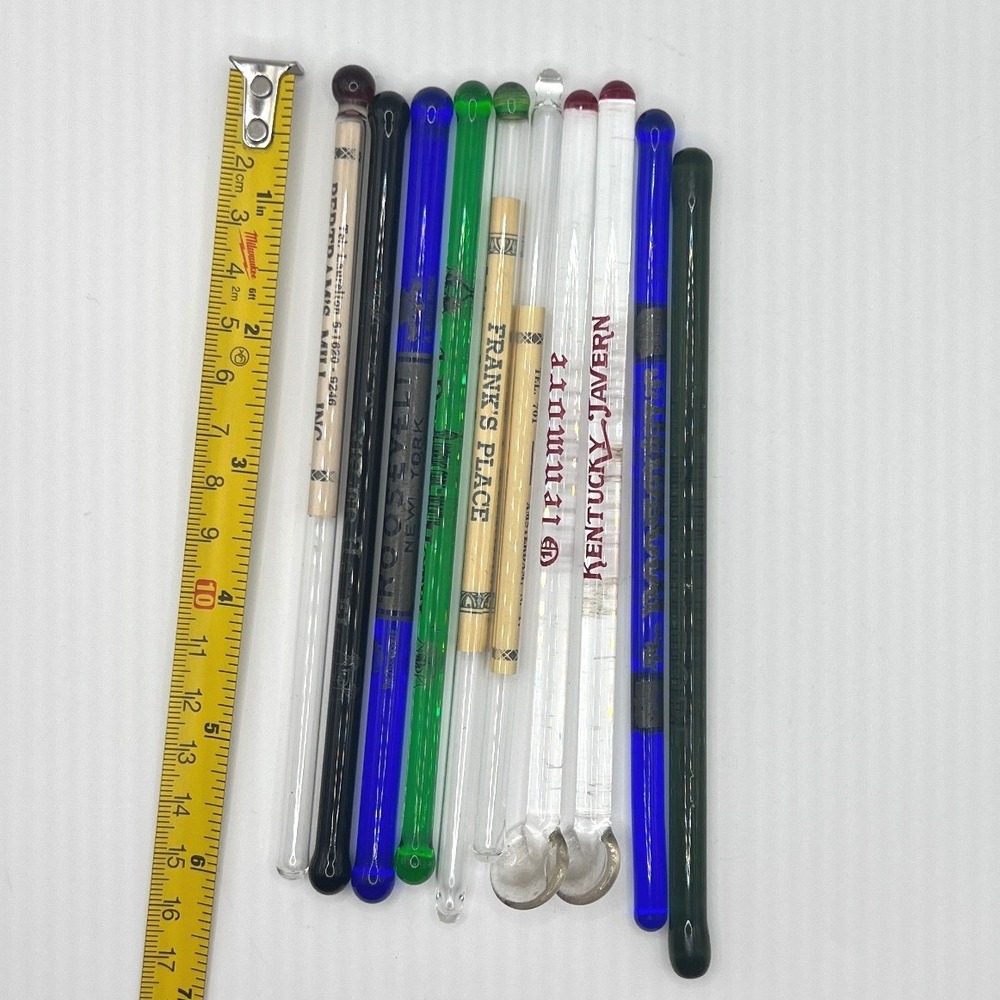 Vintage Advertising Glass Swizzle Sticks 10pc Multi Excellent Barware Set - Picture 5 of 5